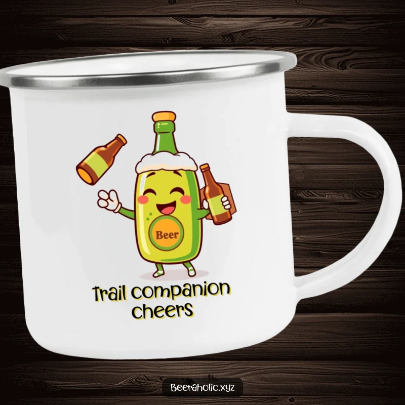 Funny camping mug with a winking anthropomorphic beer bottle delivering cheer, durable and portable.