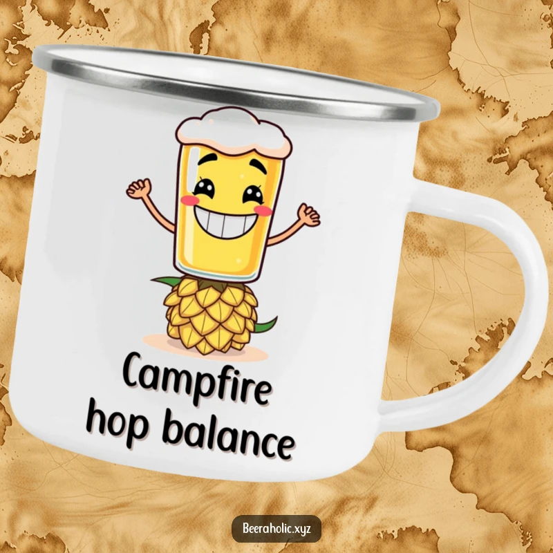 Funny camping mug with a grinning anthropomorphic beer glass balancing on a hop cone, durable and portable.