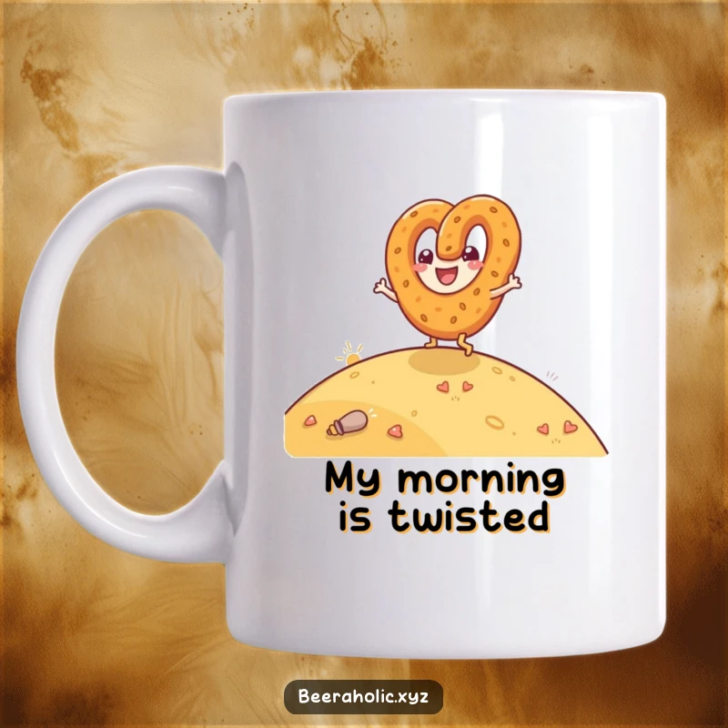Funny mug with a happy anthropomorphic pretzel rolling down a hill with pure glee.