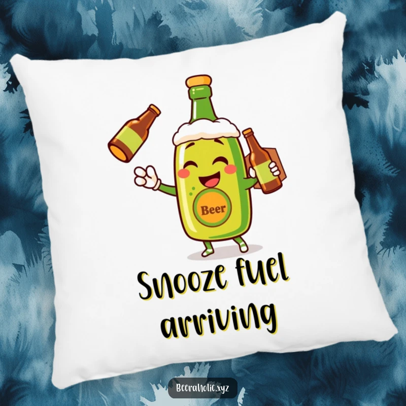 Funny pillow with a winking anthropomorphic beer bottle offering a cheerful delivery, soft and decorative.
