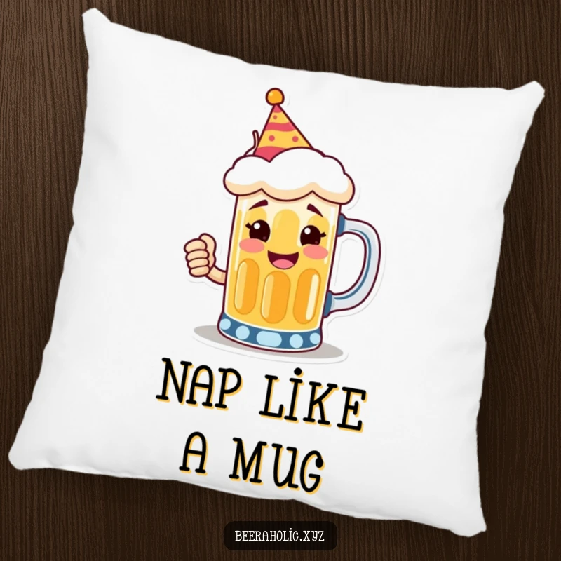 Funny pillow with a smiling anthropomorphic beer mug wearing a tiny party hat, toasting, offering comfort and festive vibes.