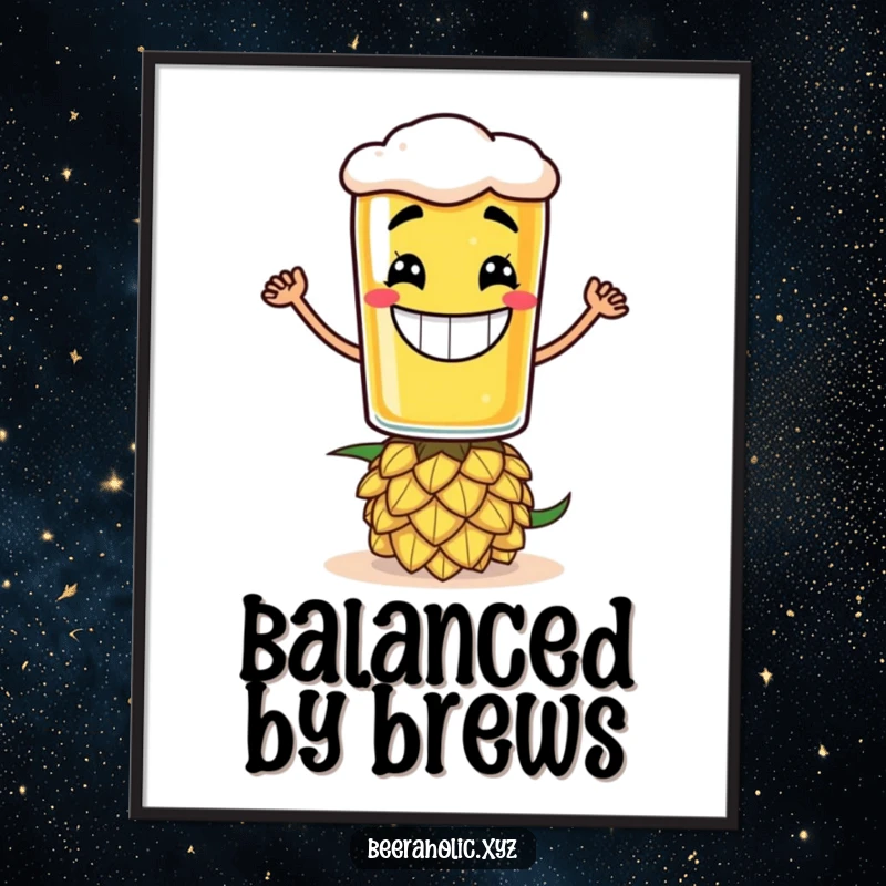 Funny digital art print of a grinning anthropomorphic beer glass balancing on a hop cone, instantly printable.