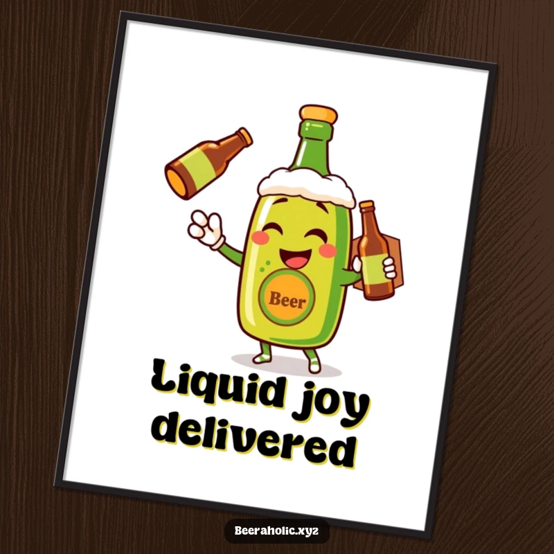 Funny digital art print of a winking anthropomorphic beer bottle cheerfully delivering a drink, instantly printable.