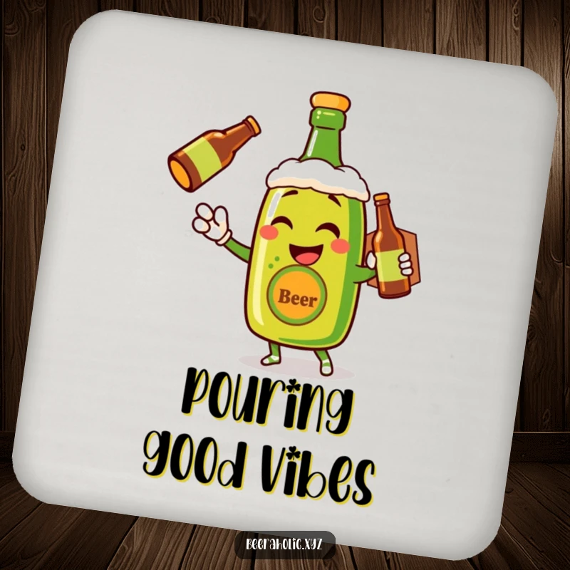 Funny drink coaster with a winking anthropomorphic beer bottle making a cheerful delivery, protecting surfaces.