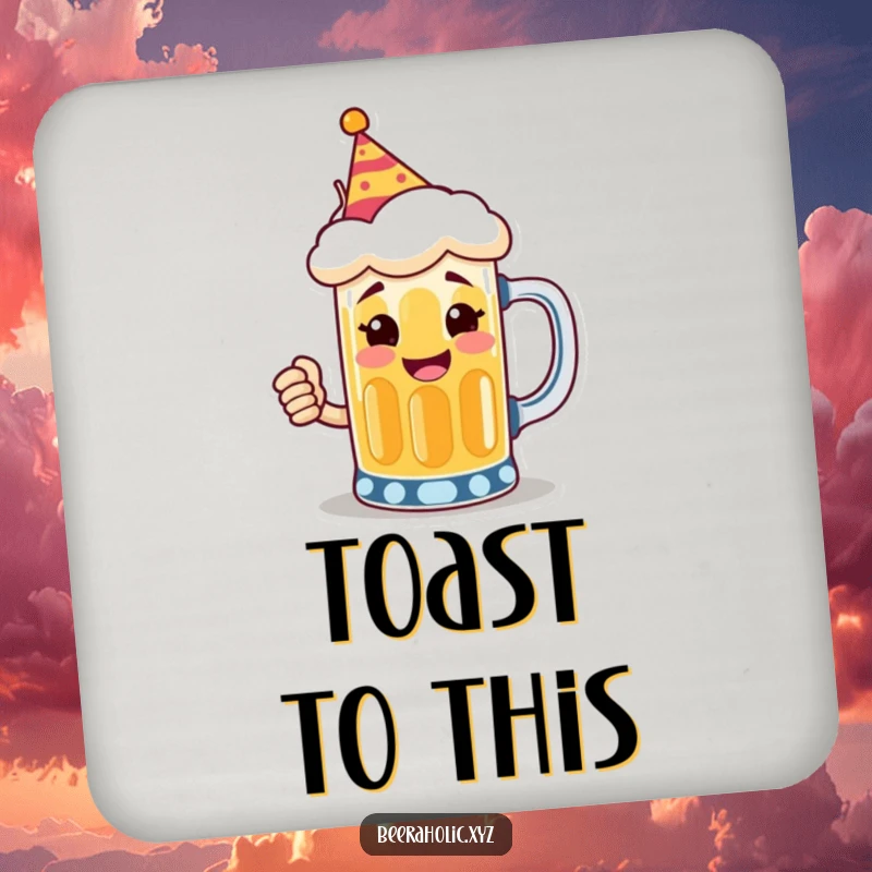 Funny coasters featuring a smiling anthropomorphic beer mug wearing a tiny party hat, toasting, adding festive charm.