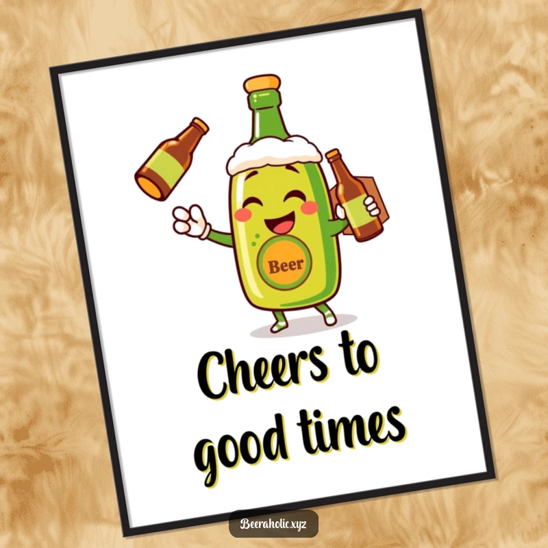 Funny poster of a vintage-style anthropomorphic beer bottle winking and delivering a drink, humorous wall art.