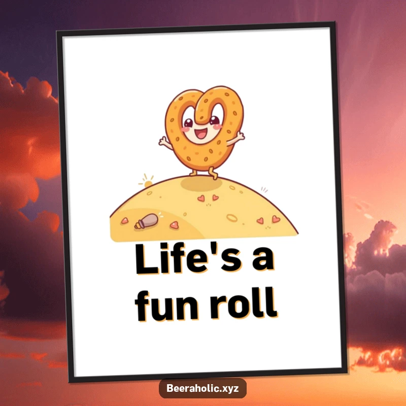 Funny poster of a happy anthropomorphic pretzel joyfully rolling down a hill with great glee.