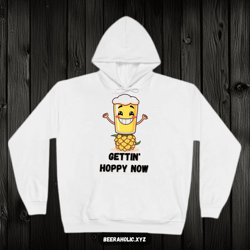 Funny hoodie with a grinning anthropomorphic beer glass balancing precariously on a hop cone.