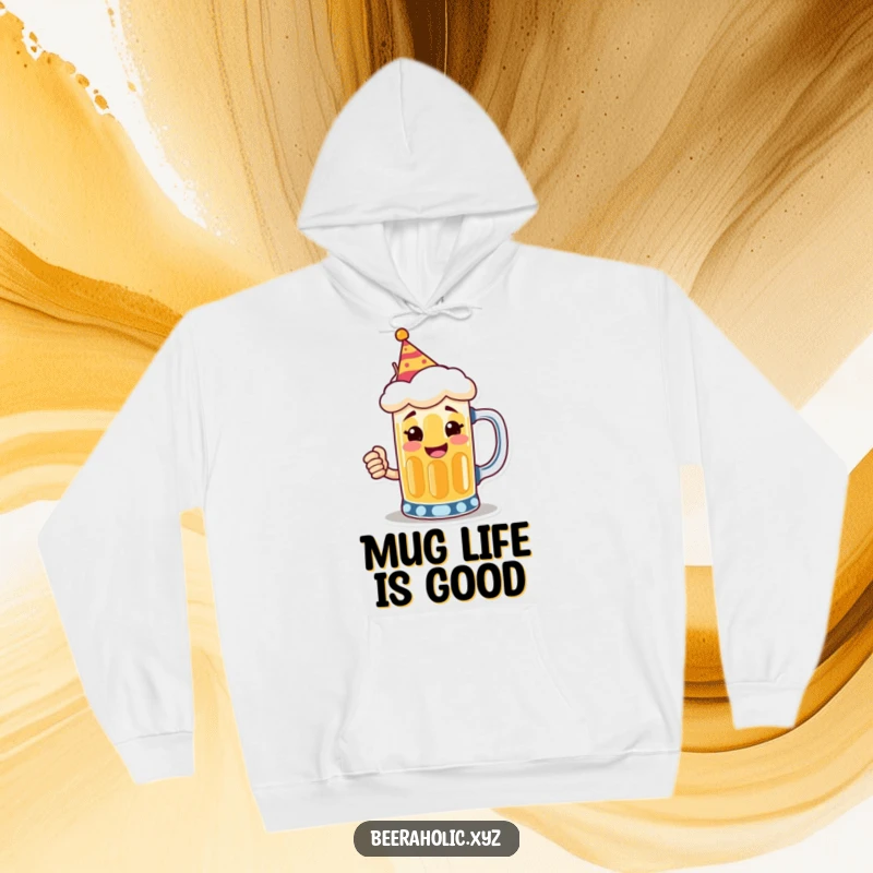 Funny hoodie showing a smiling anthropomorphic beer mug wearing a tiny party hat, toasting with a joyous look.