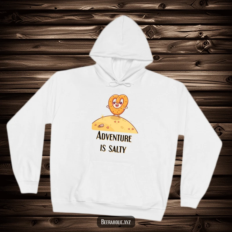 Funny hoodie showcasing a happy anthropomorphic pretzel rolling downhill with immense glee, perfect for relaxation.