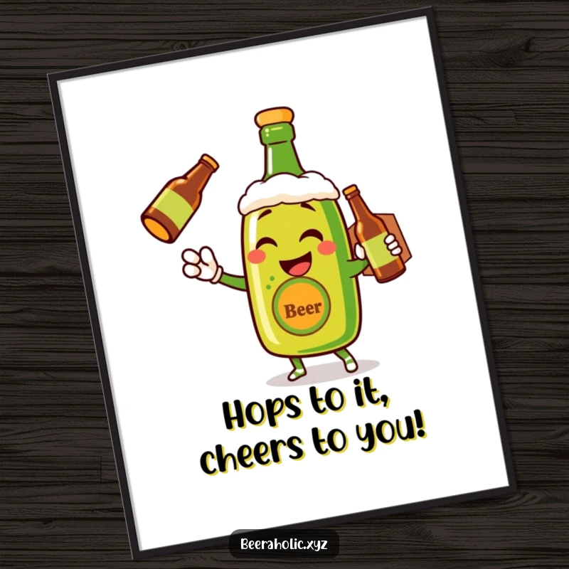 Funny Free Printable Wall Art: Winking anthropomorphic beer bottle character delivering a bottle, adding a humorous touch to home decor.