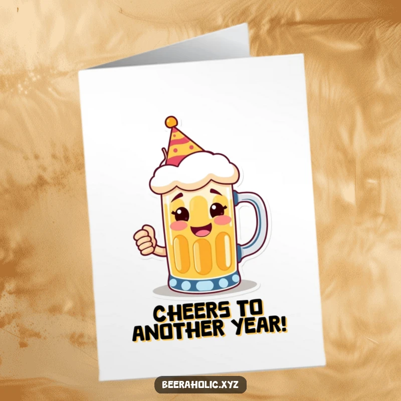 Funny Free Printable Birthday Card: Smiling beer mug wearing a tiny party hat, toasting with bubbly enthusiasm.