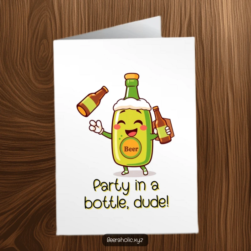 Funny Free Printable Birthday Card: Winking beer bottle character humorously presents a gift bottle, perfect for a beer lover's celebration.