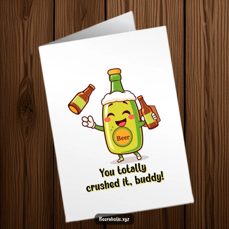 Free Printable Congratulations Card: Winking beer bottle character delivering a congratulatory bottle, ideal for celebrating achievements and milestones.