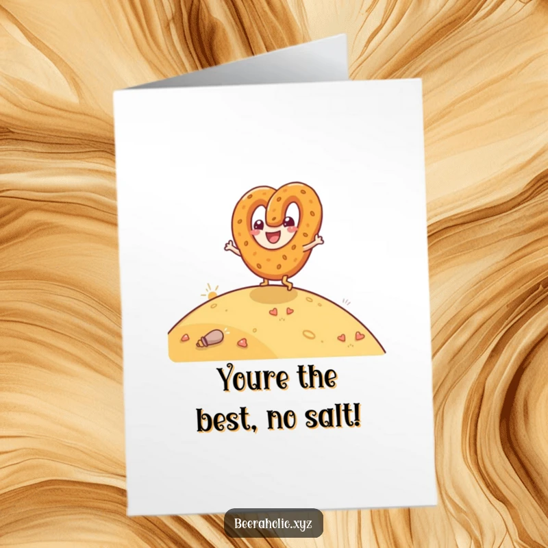 Free Printable Congratulations Card: An anthropomorphic pretzel character joyfully rolls down a hill, celebrating a success with infectious glee.