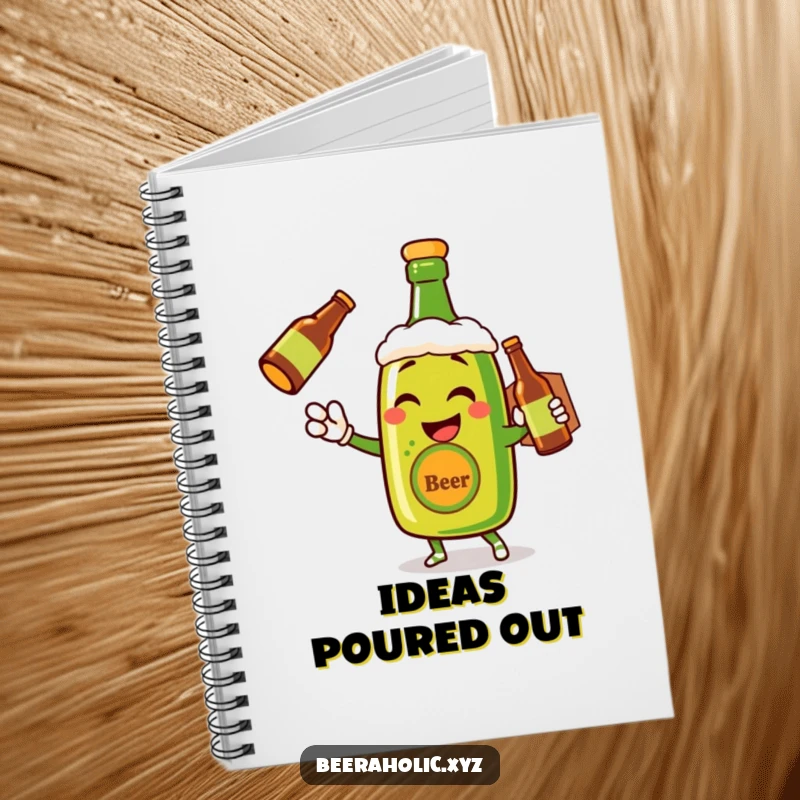 Funny notebook featuring a winking anthropomorphic beer bottle delivering a smile, perfect for note-taking.