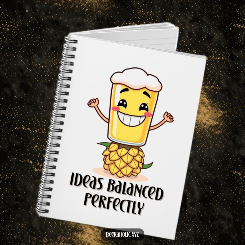 Funny notebook featuring a grinning anthropomorphic beer glass balancing on a hop cone, great for notes.
