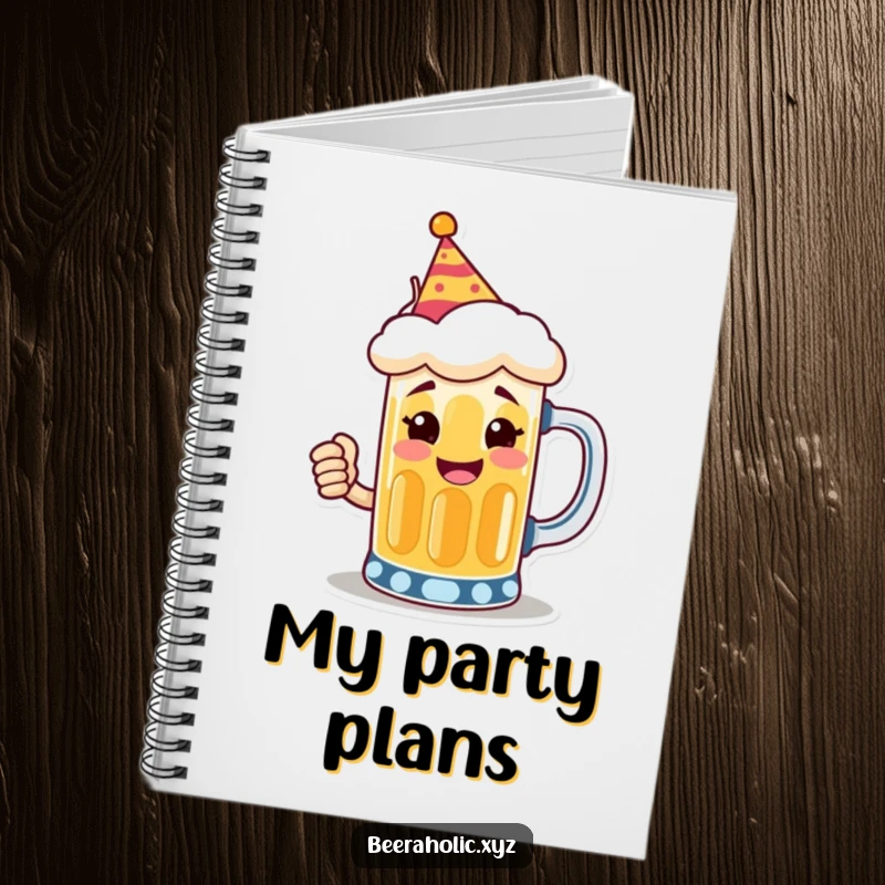 Funny notebook with a smiling anthropomorphic beer mug wearing a tiny party hat, toasting, inspiring party planning.
