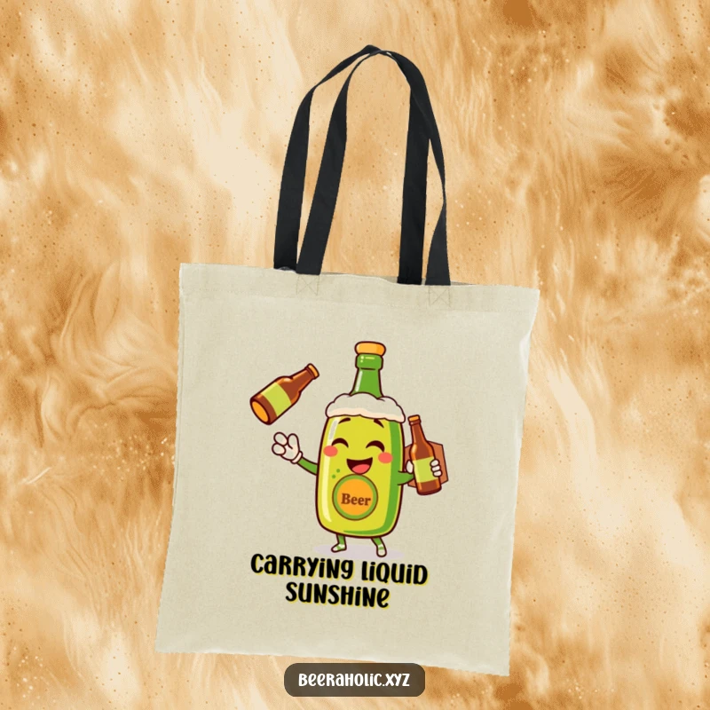 Funny tote bag with a winking anthropomorphic beer bottle delivering a smile, great for shopping.