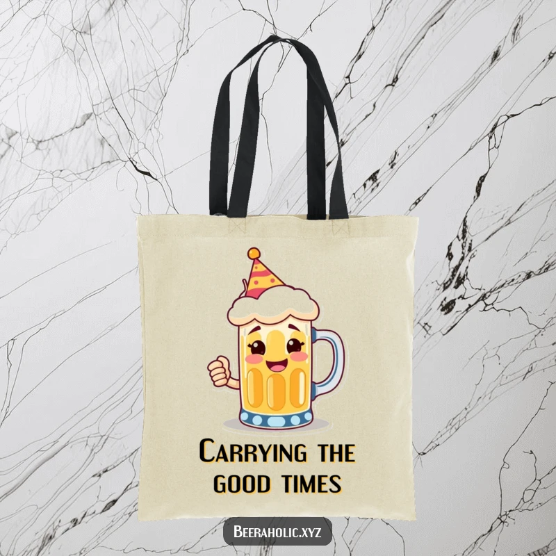 Funny tote bag with a smiling anthropomorphic beer mug wearing a tiny party hat, toasting, perfect for party supplies.